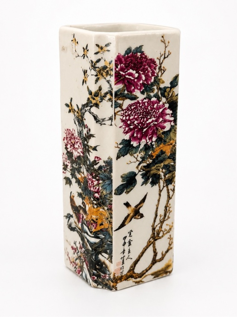 Hexagonal Asian Floral Porcelain Vase | Peonies, Birds & Calligraphy 💕